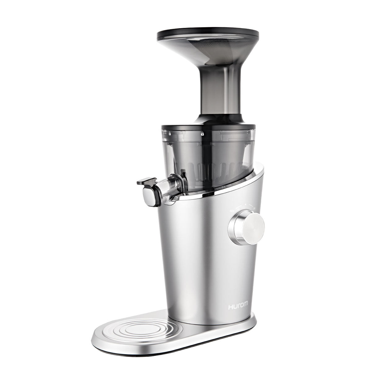 Hurom H100 Easy Series Slow Juicer in Platinum Silver finish – compact design, easy to clean, premium cold press juicer