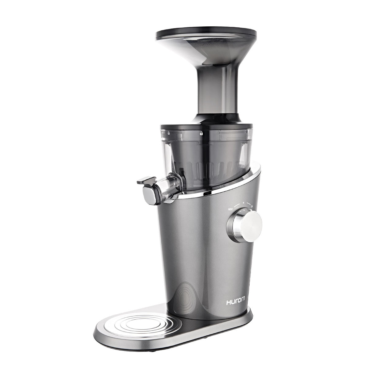 Hurom H100 Easy Series Slow Juicer in Titanium Grey finish – compact design, easy to clean, premium cold press juicer