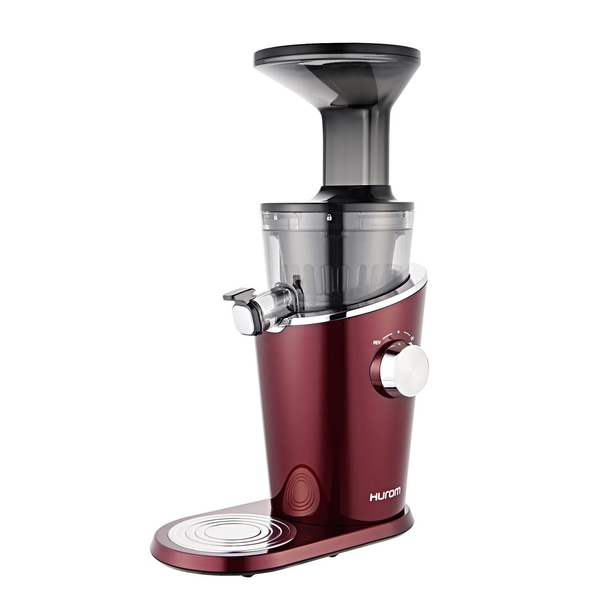 Hurom H100 Easy Series Slow Juicer in Wine Red finish – compact design, easy to clean, premium cold press juicer